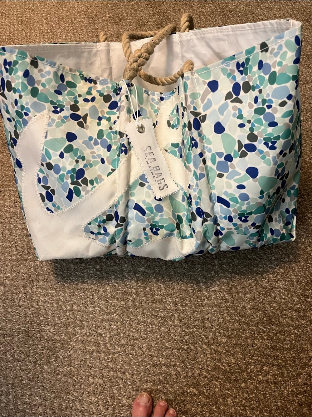 Sea Bags of Maine -anchor & Sea Glass Print Heavy  RopeHandle Tote Bag -